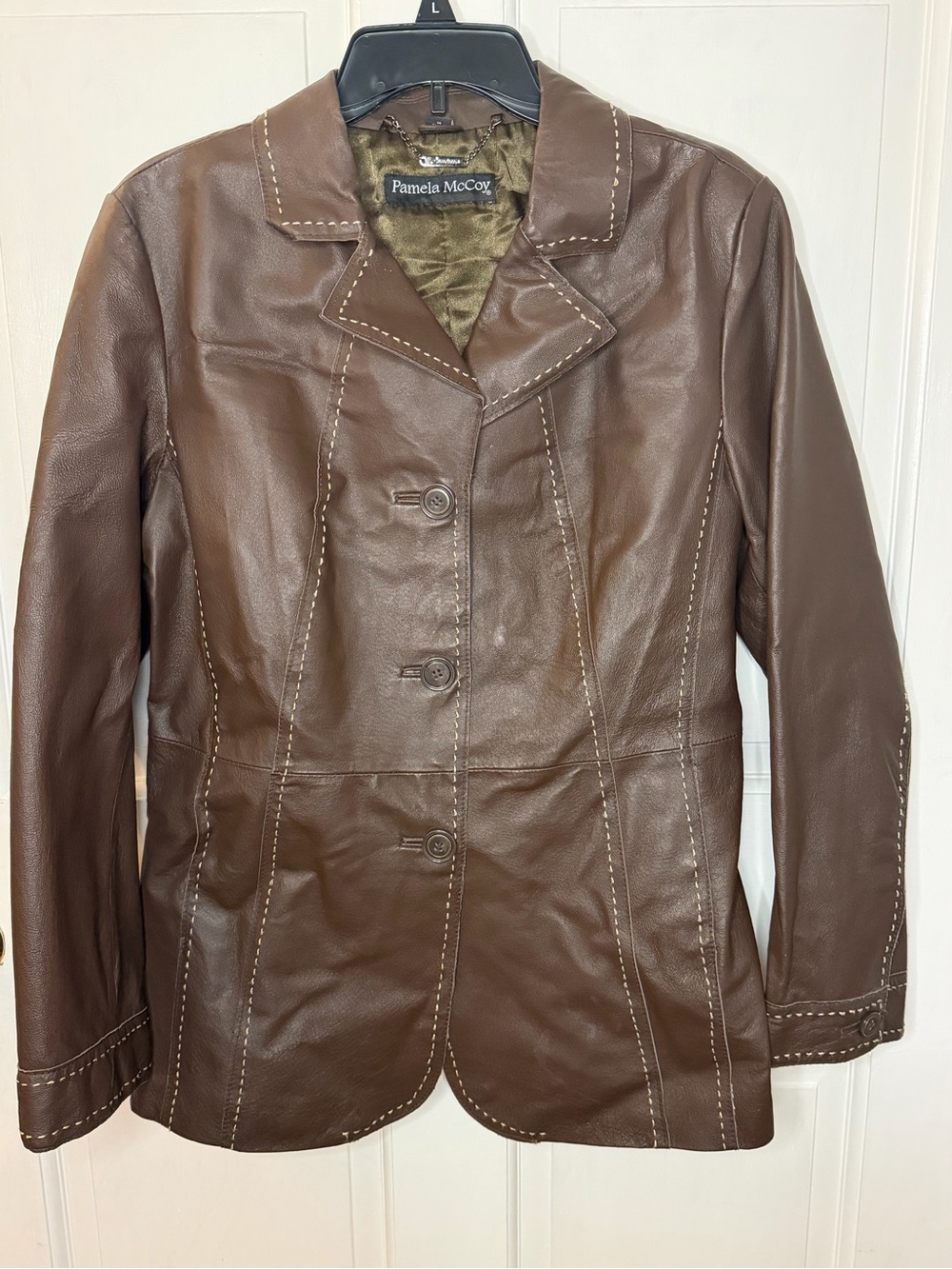 Pamela McCoy Couture Women's M Brown Leather Button-Front Lined Blazer Jacket LS